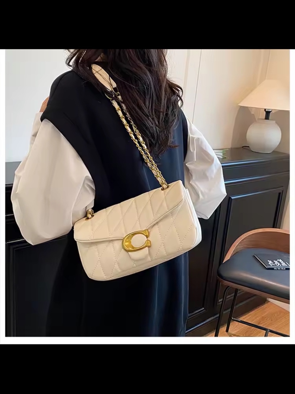 Quilted Cream Shoulder Bag with Gold Chain Accent